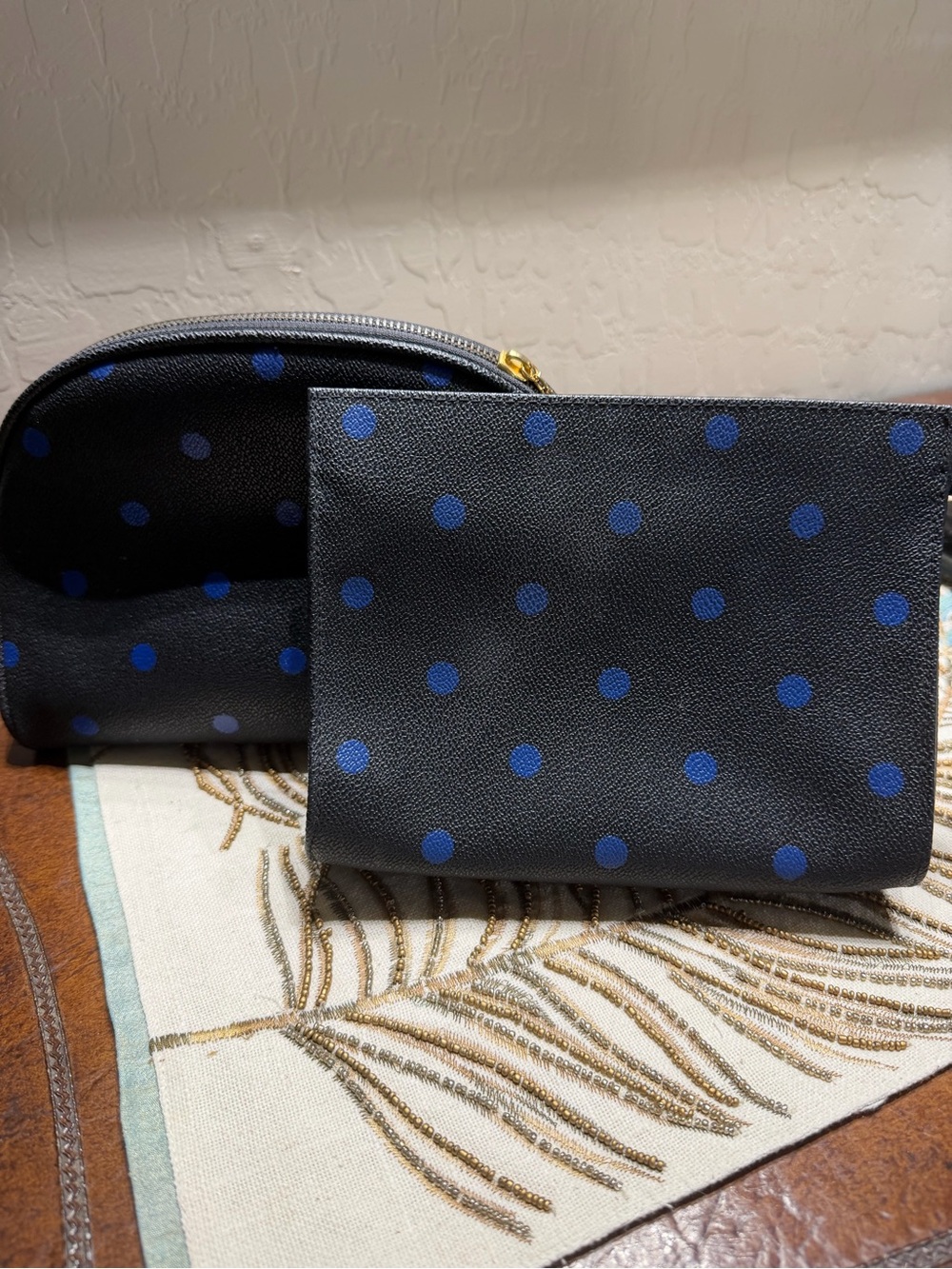 Navy Dot Cosmetic Pouch Set - Blue Polka Toiletry Bags